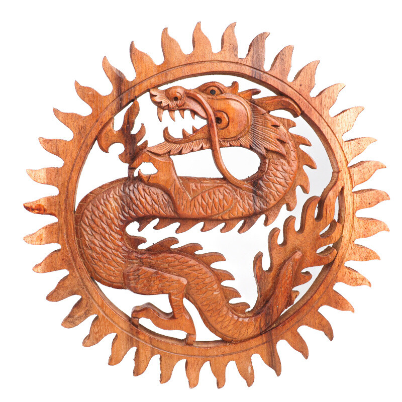 Hanging Wooden Decoration Dragon Circle 30 cm Natural