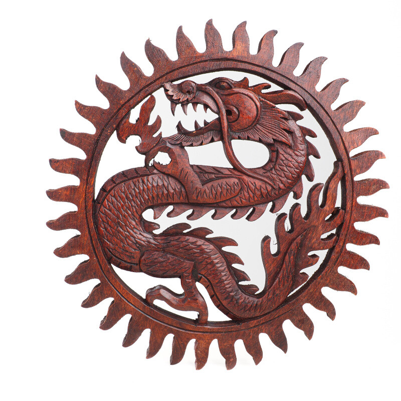 Hanging Wooden Decoration Dragon Circle 30 cm Brown