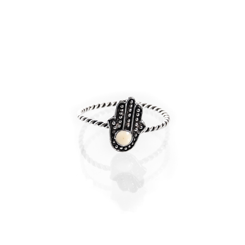 Silver Ring Hamsa White Stone 09