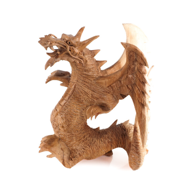 Wooden Statuette Dragon Wings Folded Back 20 cm Natural