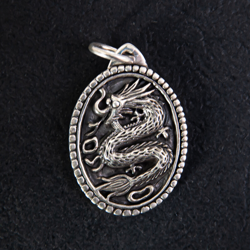 Silver Pendant Chinese Dragon in Oval