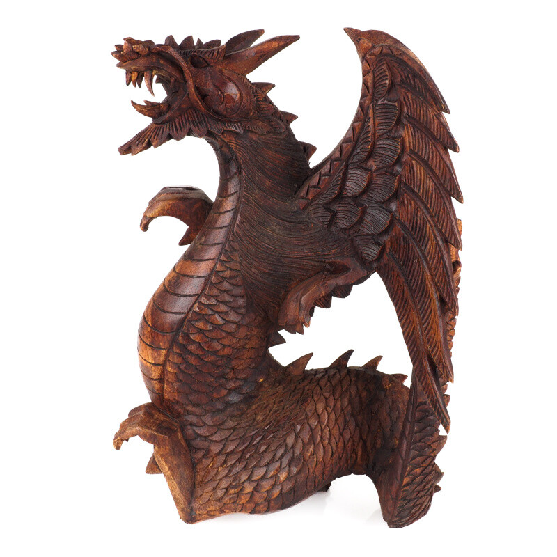 Wooden Statuette Dragon Wings Folded Back 40 cm Brown
