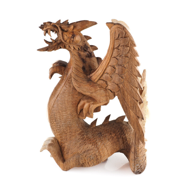 Wooden Statuette Dragon Wings Folded Back 40 cm Natural