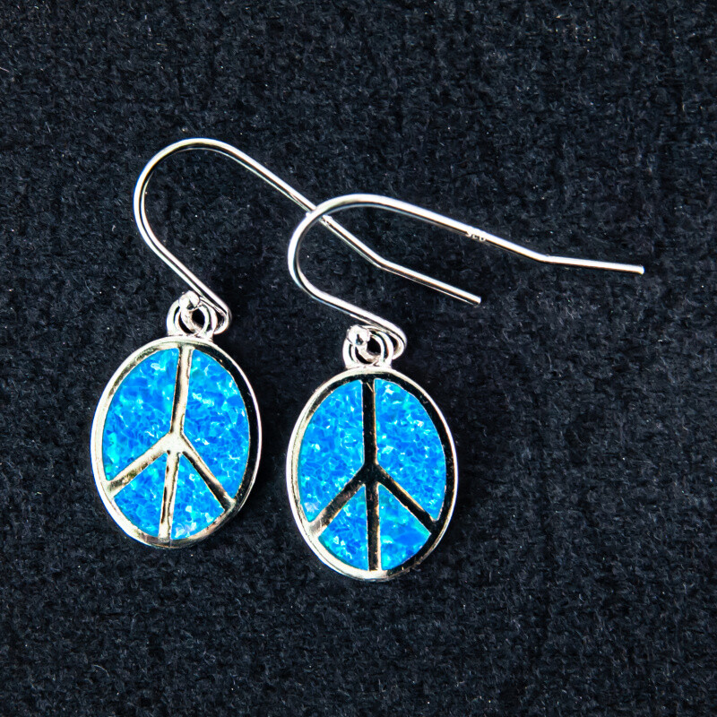 Silver Earrings Peace & Love Blue Synthetical Opal