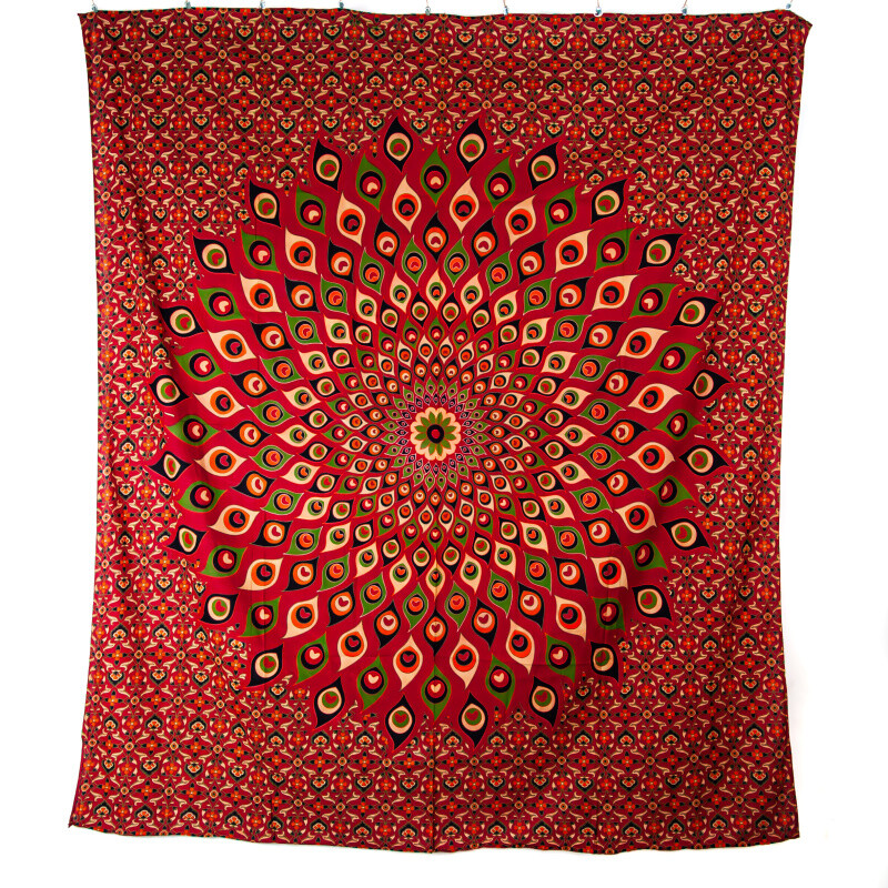 Bedspread Double Peacock Mandala Red