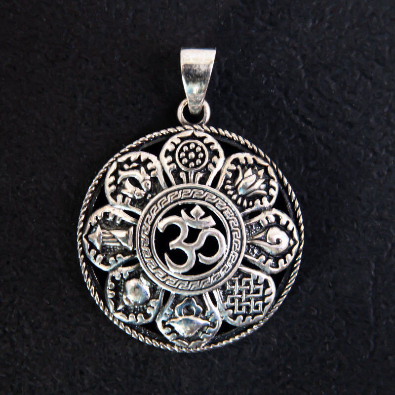 Silver Pendant Ohm in Circle of Symbols