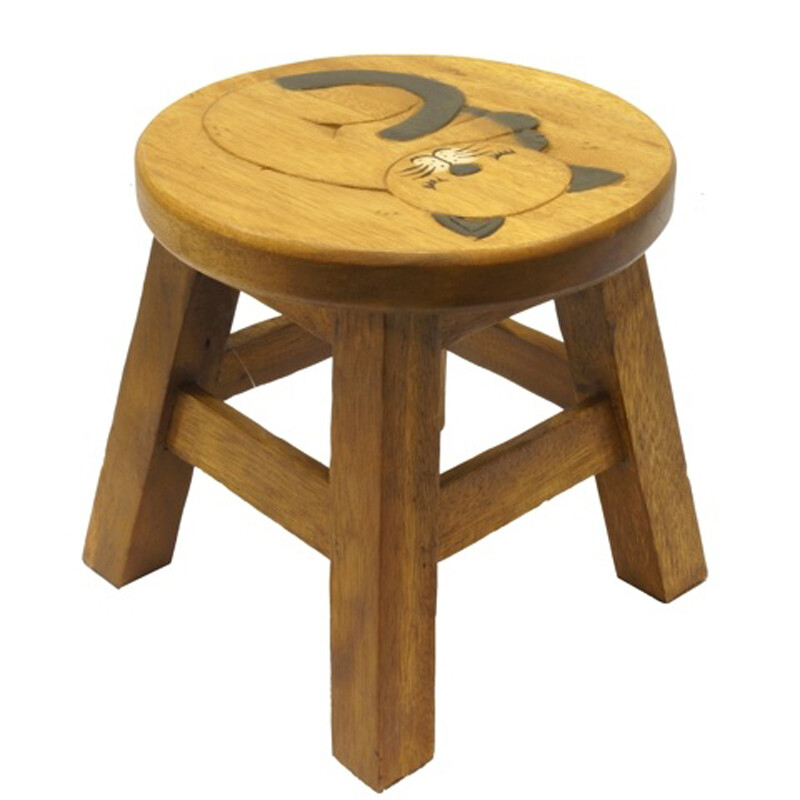 Wooden Stool Decor Sleeping Cat