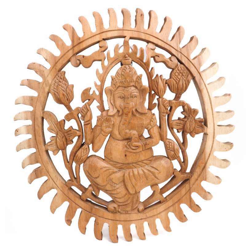Hanging Wooden Decoration Ganesha Circle 30 cm Natural