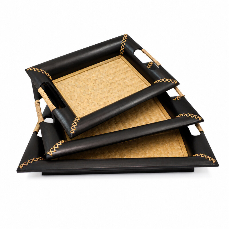 Bamboo Tray Set Rectangle 02 38 x 30 cm Black