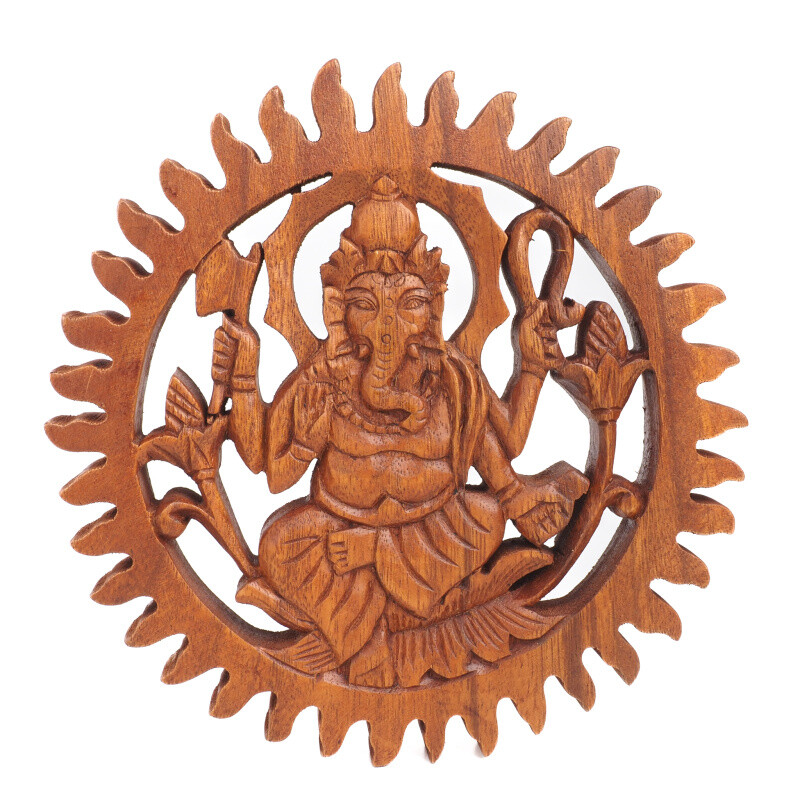 Hanging Wooden Decoration Ganesha Circle 20 cm Brown