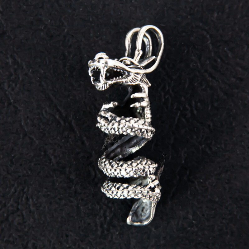 Silver Pendant Curled Chinese Dragon