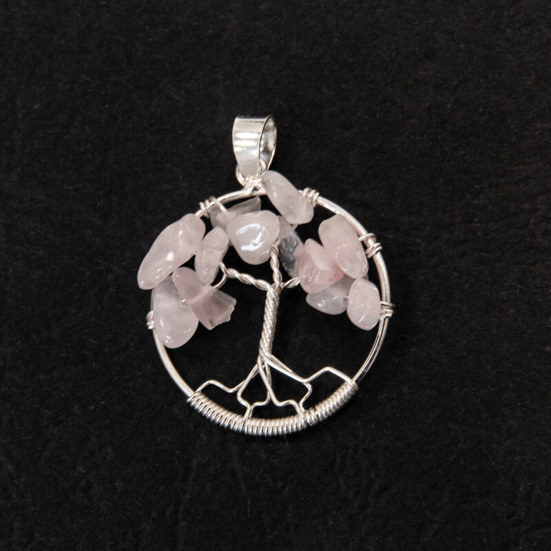 Silver Wire Pendant Tree of Life Rose Quartz