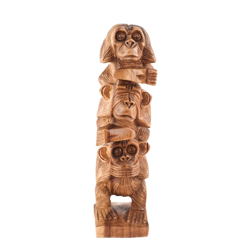 Wooden Statuette Three Wise Monkeys Totem 30 cm Natural