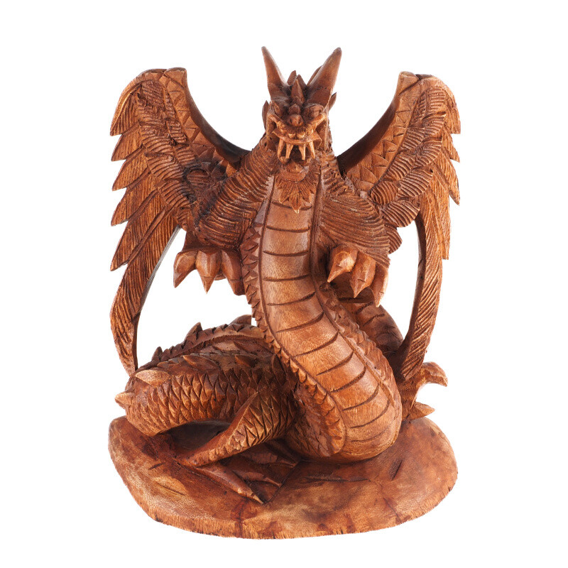 Wooden Statuette Dragon Open Wings 30 cm Brown