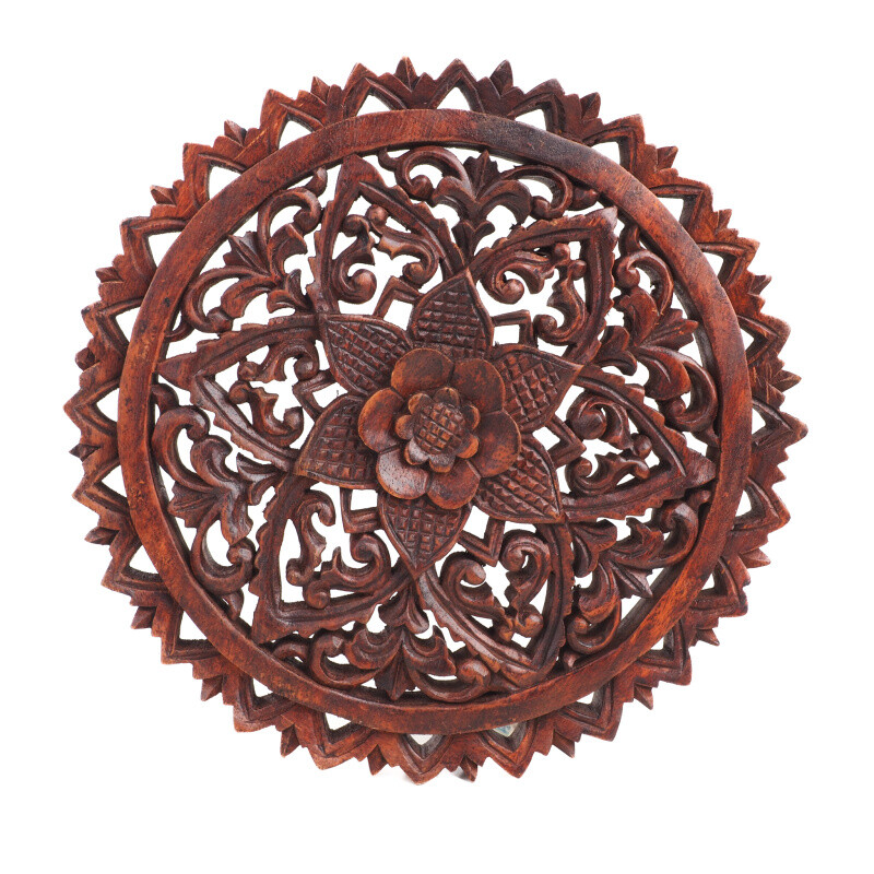 Hanging Wooden Decoration Bloom Decorated Circle 30 cm Brown