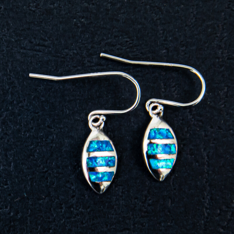 Silver Earrings Striped Leaf Blue Synthetical Opal