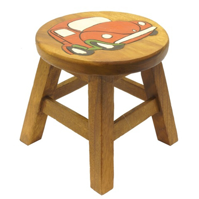 Wooden Stool Decor Red Beetle Car
