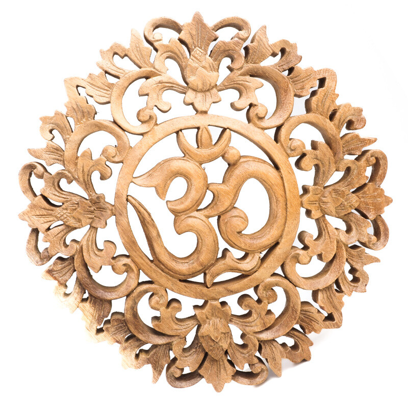 Hanging Wooden Decoration Om Decorated Circle 30 cm Natural