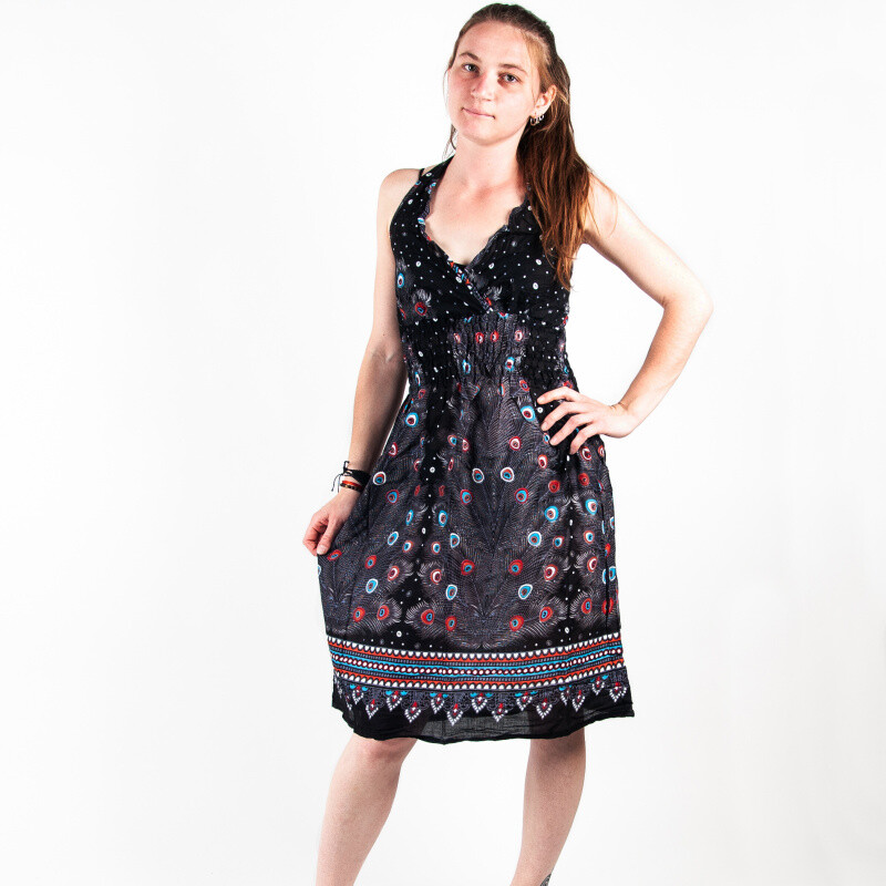 Neck Binding Dress Peacock Feathers Black
