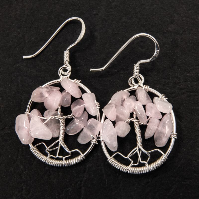 Silver Wire Earrings Tree of Life Rose Quartz