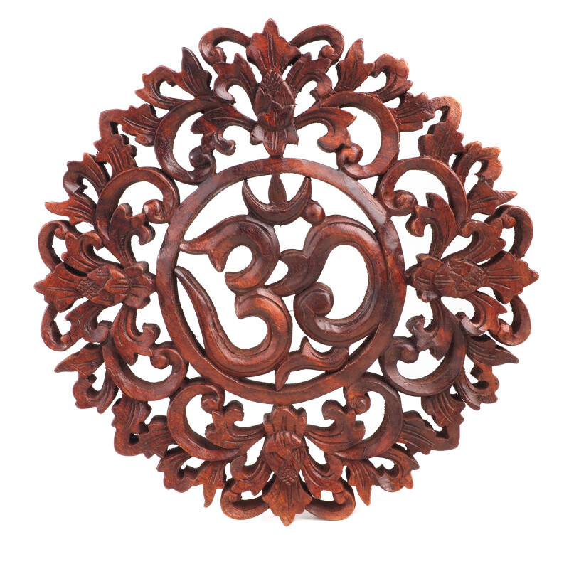 Hanging Wooden Decoration Om Decorated Circle 30 cm Brown