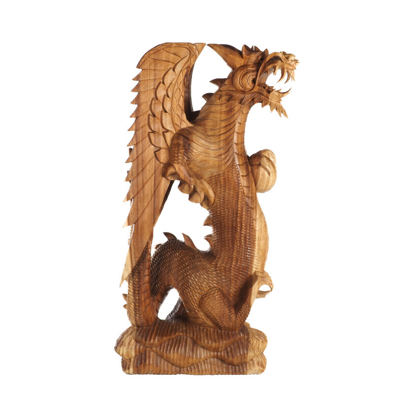 Wooden Statuette Dragon Wings Folded Back 102 cm Natural
