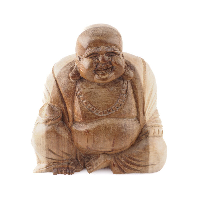 Wooden Statuette Happy Buddha 15 cm Natural