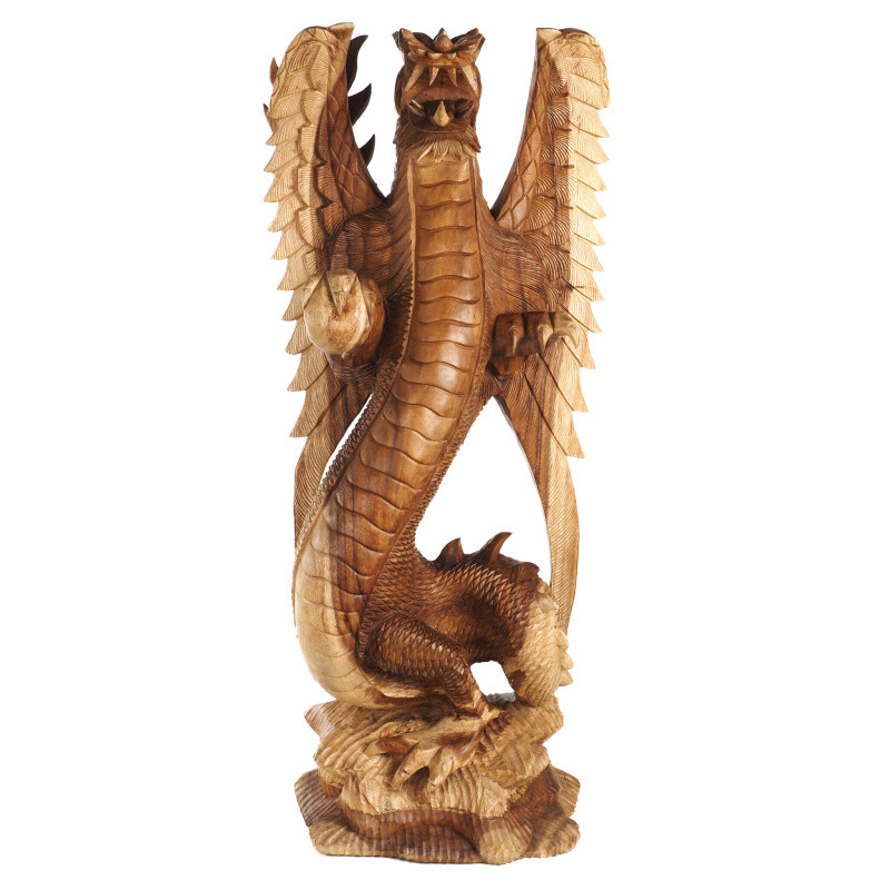 Wooden Statuette Dragon Open Wings 105 cm Natural