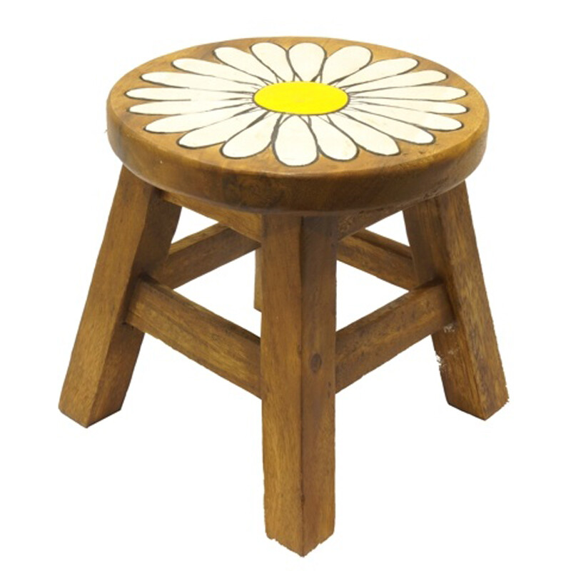 Wooden Stool Decor White Daisy Flower