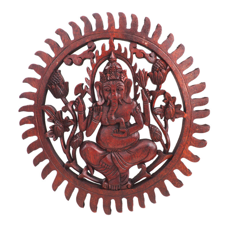 Hanging Wooden Decoration Ganesha Circle 30 cm Brown
